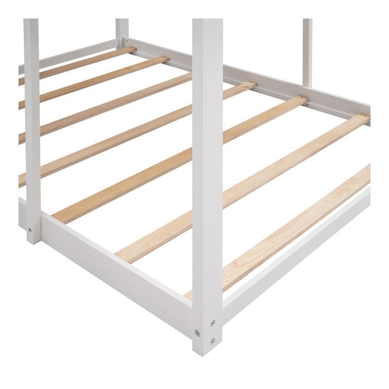 Lit superposé double au-dessus d'un lit double avec toit, fenêtre, garde-corps et échelle (blanc), Blanc