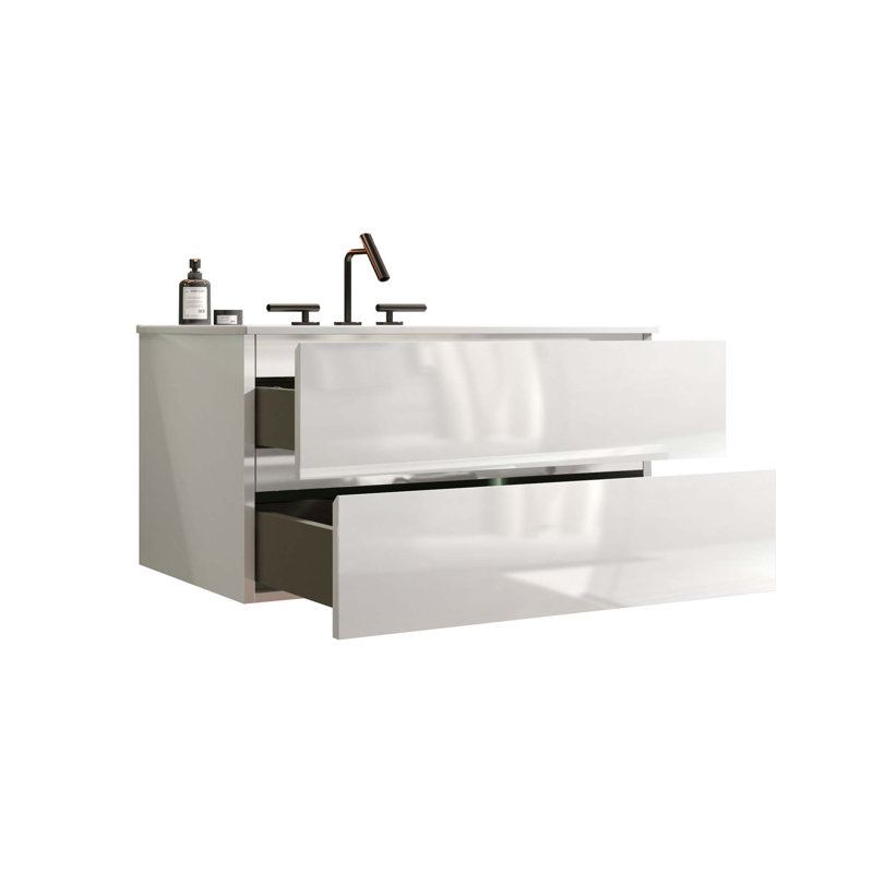 Meuble-lavabo mural blanc brillant de 36 pouces avec lavabo en céramique, trois trous de robinet et grand rangement pour les salles de bain modernes