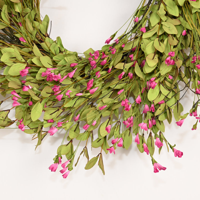 Couronne de fleurs artificielle 24 "printemps été fleur de grappe d'eucalyptus pour porte d'entrée, Vert/rose