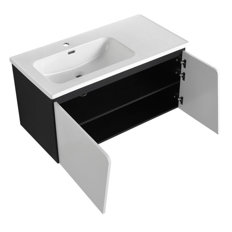 Meuble-lavabo flottant mural avec lavabo en céramique, Blanc/Noir, 40"