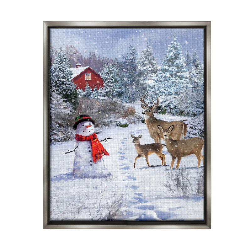 «Reindeer And Snowman Landscape» par Jason Kirk sur toile, Cadre flottant gris lustré, H 21 po x l 17 po