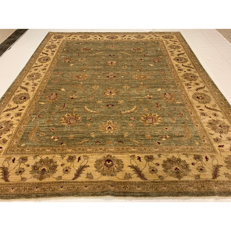 Tapis unique en laine / coton vert / beige noué à la main 7 pi 10 po x 9 pi 7 po