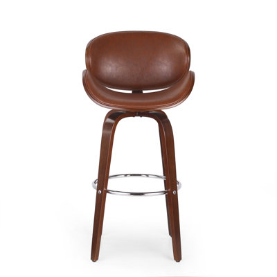 Chaise de bar pivotante Zaine, placage de noyer, similicuir brun