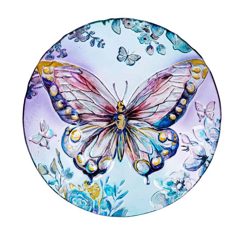 Icy Butterfly Hand-Painted Glass Birdbath, 18"