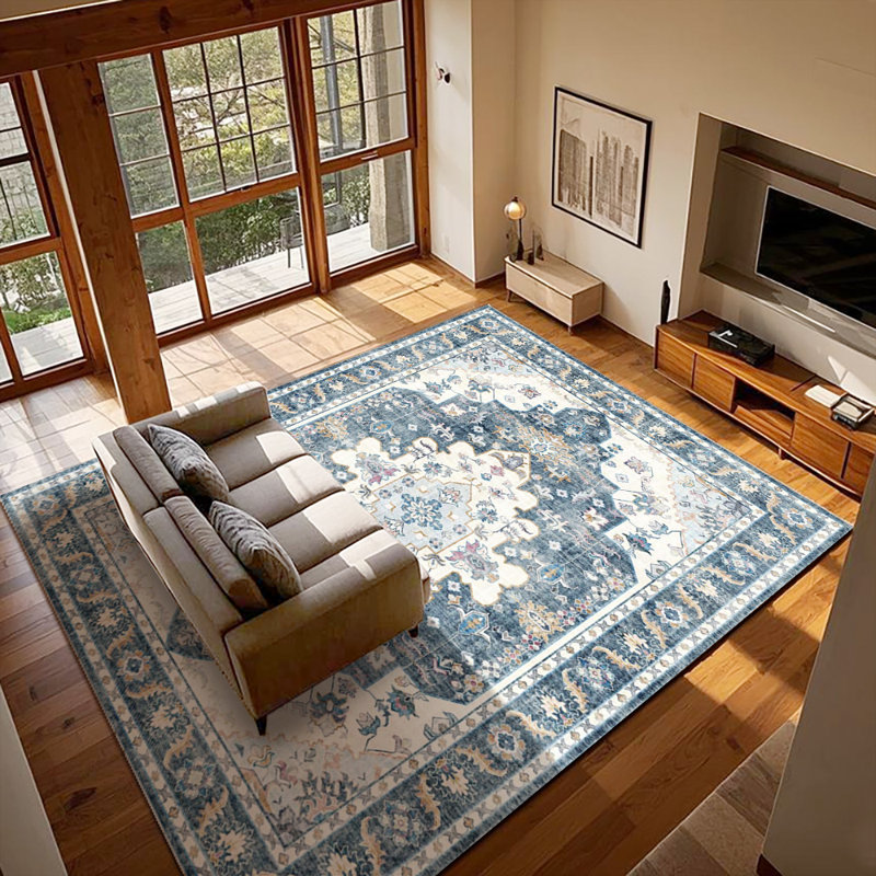 Vintage Persian Area Rug, Blue Floral Indoor Outdoor Carpet, Washable Durable Rug for Living Room, Dining Room, Hallway, Entryway, Farmhouse Decor