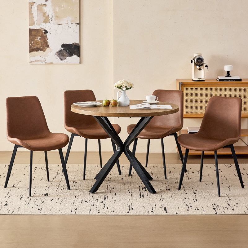 5-Piece Modern Round Dining Set, 39" Brown Wood Pattern Table with 4 Brown Faux Leather Chairs, Brown, Brown Wood Pattern