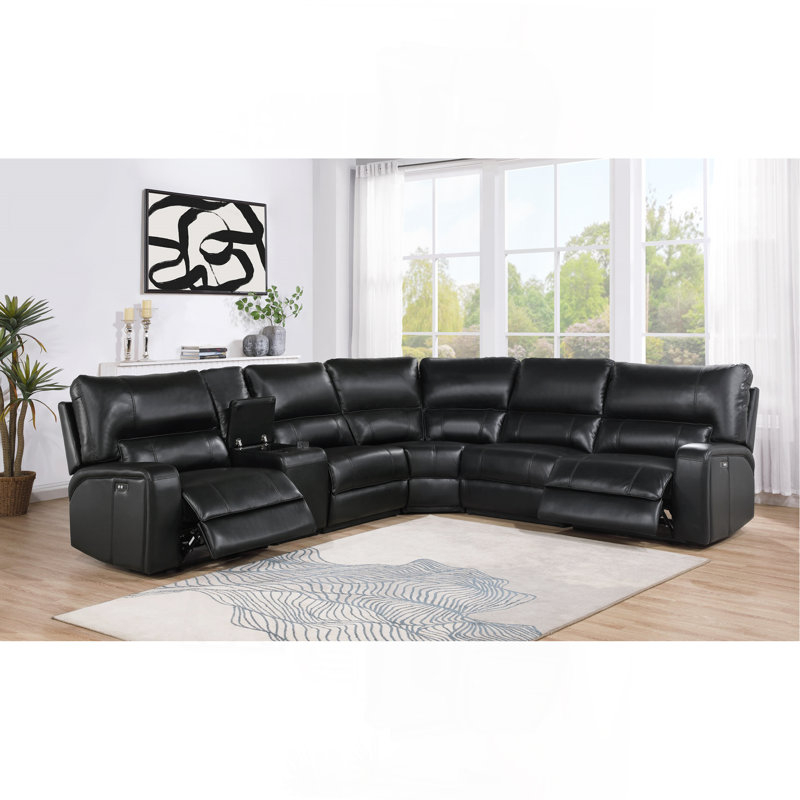 Canapé modulaire inclinable électrique espresso en cuir avec port USB et console porte-gobelet, Similicuir noir