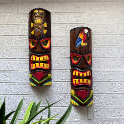 Ensemble de 2 masques muraux tiki en bois sculpté à la main, perroquet et crâne, d'une hauteur de 19,75 pouces