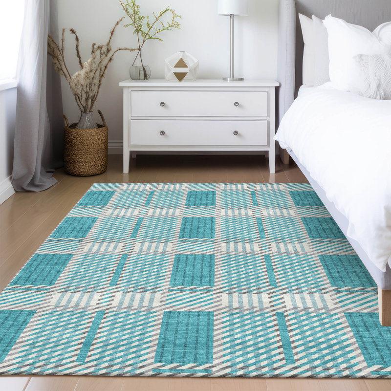 Teal Rectangular Synthetic Washable Area Rug 46" x 30"