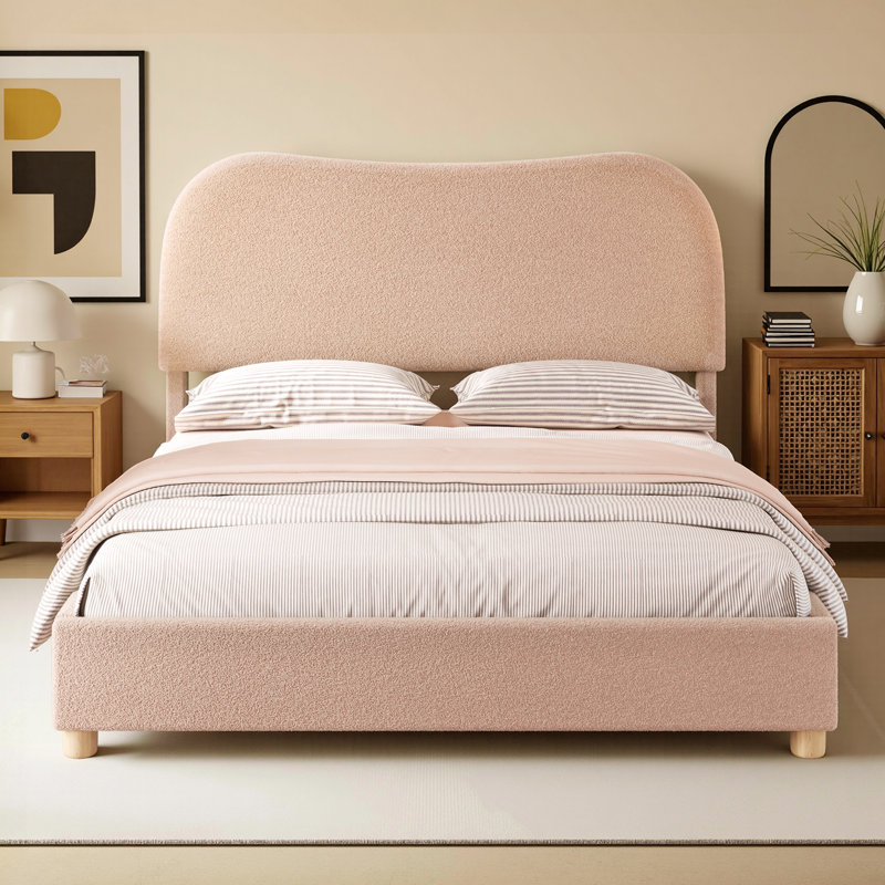 Upholstered Boucle Platform Bed with Curved Shaped Headboard & Soft Rounded Corners, Full, Beige