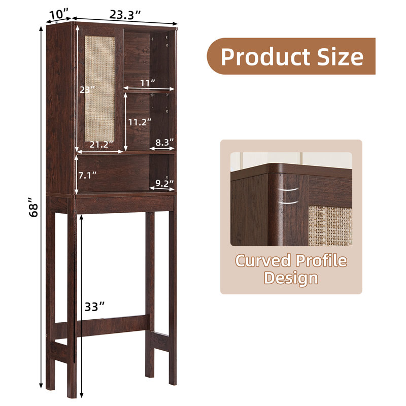 Over The Toilet Storage Cabinet With Rattan Sliding Door, 68" Tall Wood Above Toilet Bathroom Organizer W/Adjustable Shelf & Curved Profile, Space Saver Freestanding Washer Shelf