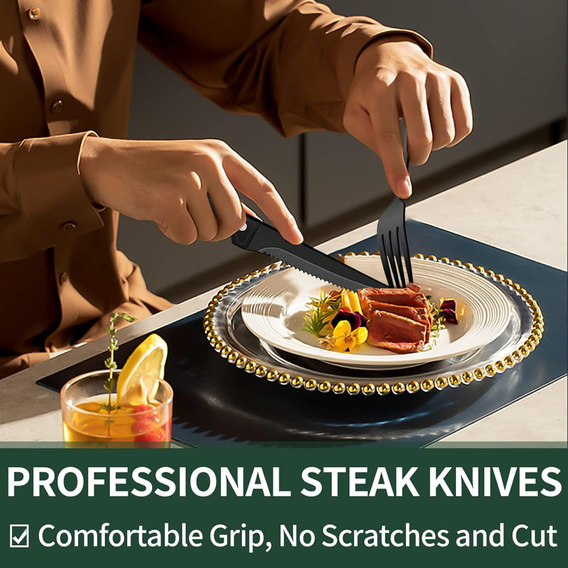 Ensemble de couverts 24 pièces avec couteaux à steak, ensemble de couverts noirs pour 4 personnes, ensemble de couverts en acier inoxydable de qualité alimentaire, ensemble d'ustensiles à finition miroir pour restaurant maison, bord arrondi