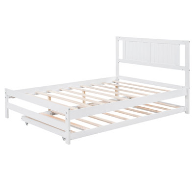 White Full Size Platform Bed With Adjustable Trundle - Pine Wood And Combination Size Made Of Strong Materials