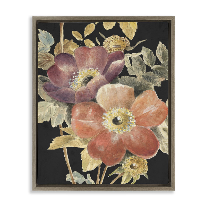 Paire de fleurs rétro sur cadre flottant foncé, design par Lanie Loreth, H 21 po x l 17 po, Cadre flottant orme Montalcino