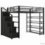 Lit mezzanine en métal avec tablettes de rangement, armoires et garde-robe