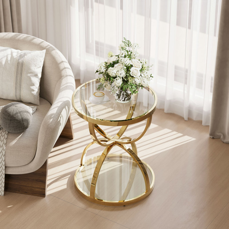 Table d'appoint moderne en verre 19,69 po avec 2 niveaux, cadres en forme d'anneau, structure en métal et verre trempé transparent, table basse ronde, table de chevet pour le salon, la chambre à coucher et le bureau