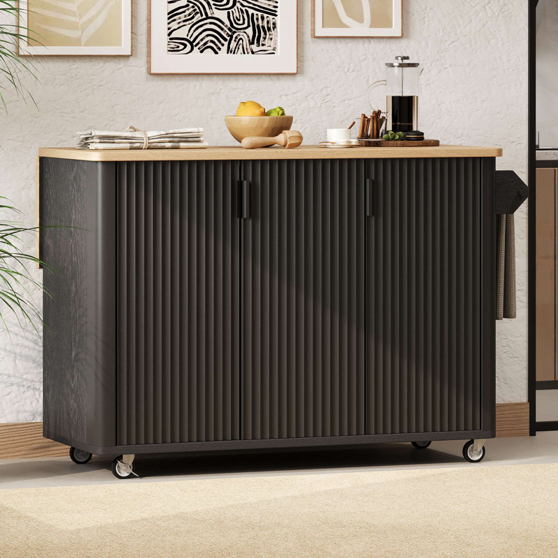 Fluted Kitchen Island, Accent Kitchen Island On Wheels With Drop Leaf And Internal Storage Rack, Rolling Kitchen Cart With Towel Rack For Kitchen, Dining Room