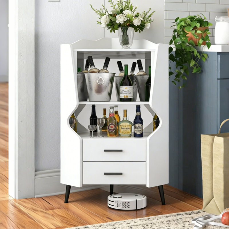 Bar d'angle avec dossier en miroir, 2 tablettes ouvertes et 2 tiroirs, buffet avec pieds hauts, Blanc
