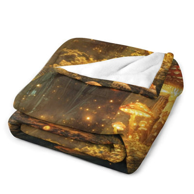 Mouse Gazing at Glowing Mushrooms Forest Luxury Flannel Throw Blanket, Soft Warm Fuzzy Blanket for Living Room Sofa Bed Home Decor