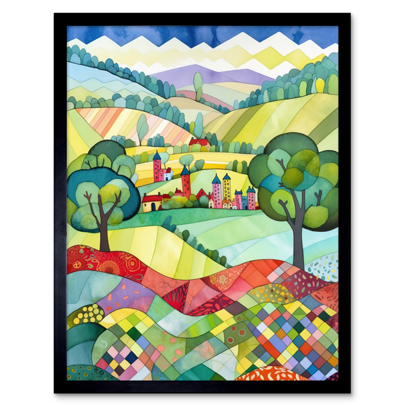 English Countryside Rural Landscape Folk Art Watercolour Painting Artwork Framed Wall Art Print 9X7 Inch