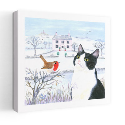Winter Cat And Robin Abstract Contemporary Bird Cat Landscape Nature Wall Art Print