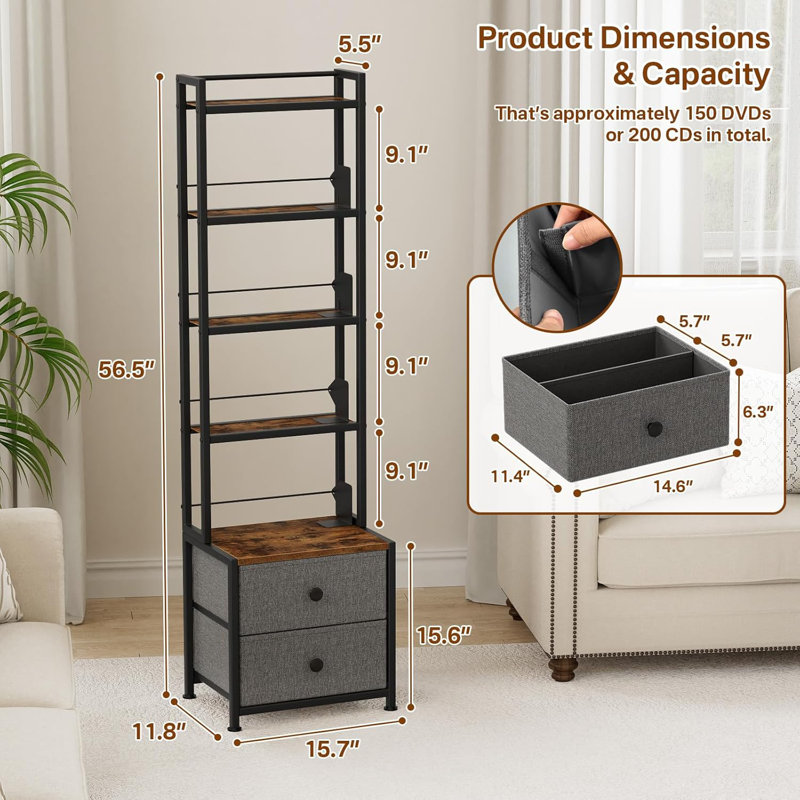 CD Storage Rack With Drawer, 5-Tier DVD Organizer Shelf W,Adjustable Book Stoppers, Media Storage Rack For CD,DVD, Books,Games, Ideal For Living Room , Home Office