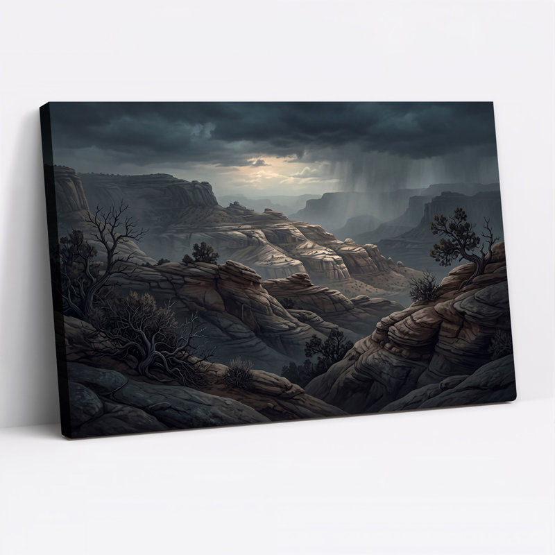Paysage de canyon rocheux orageux avec pluie et arbres nus - Tableau sur toile, 28"H x 40"W