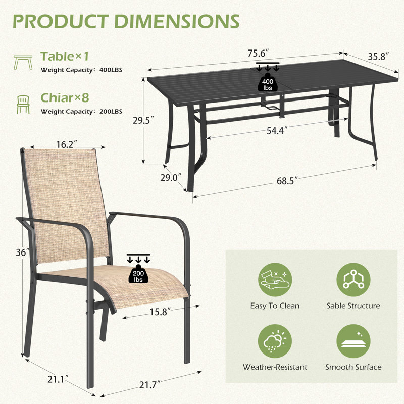 9 Piece Patio Dining Set, Outdoor Dining Table And Chairs Set For 8, 8 PVC-coated polyester Chairs, 1 Iron Rectangular Table With Adjustable Umbrella Hole, Patio Furniture Set For Deck, Backyard, Lawn, Poolside, Brown/gray/blue