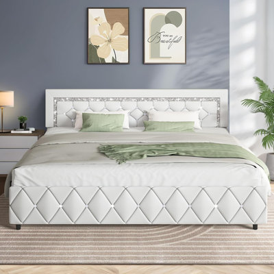 King Bed Frame with Diamond Headboard, Faux Leather Upholstered Platform Bed, Mattress Foundation, No Box Spring Needed, Easy Assembly, Pearlized White