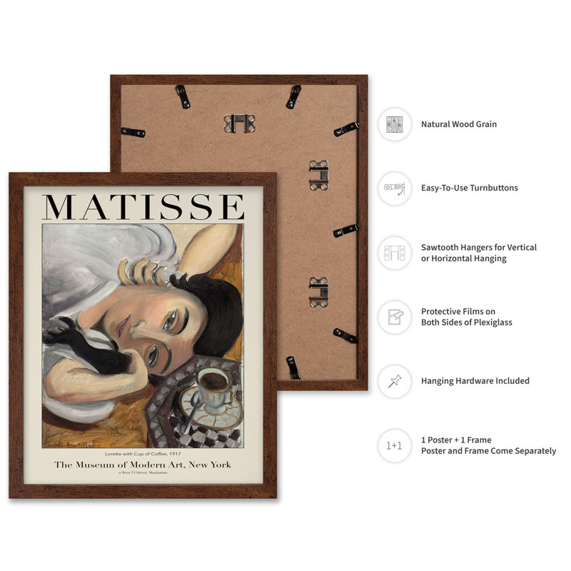 Henri Matisse - Laurette avec une tasse de café, H 12 po x l 16 po, Affiche, Encadrement brun