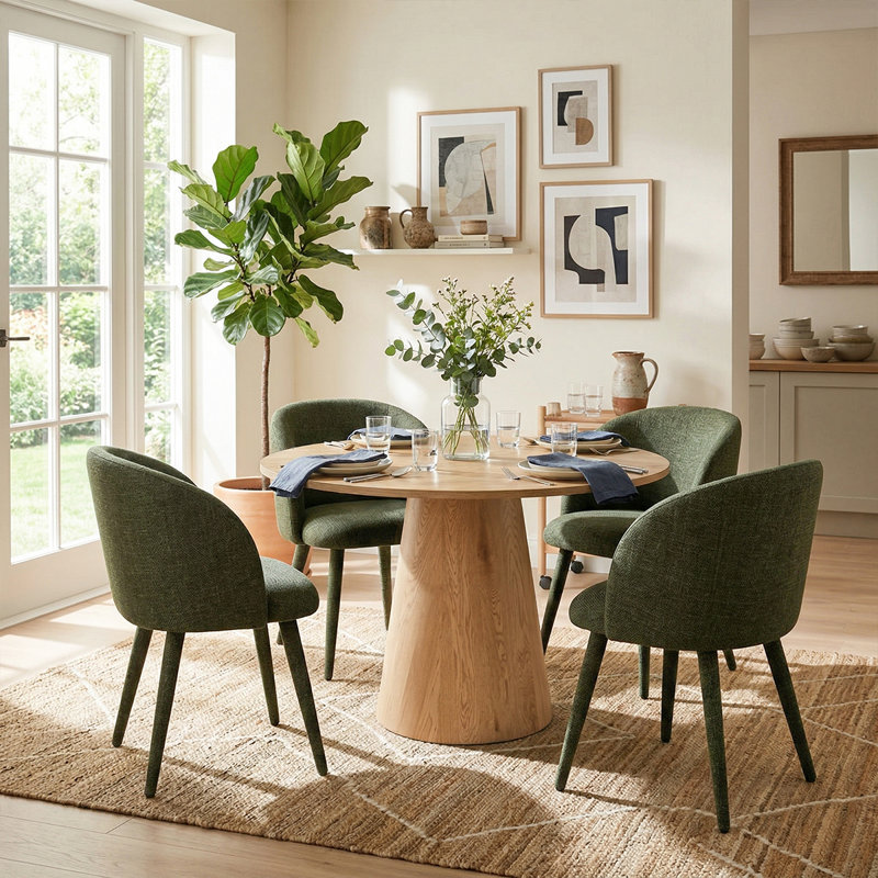 46" Modern Round Dining Table Set With Upholstered Armchairs For 4, Green