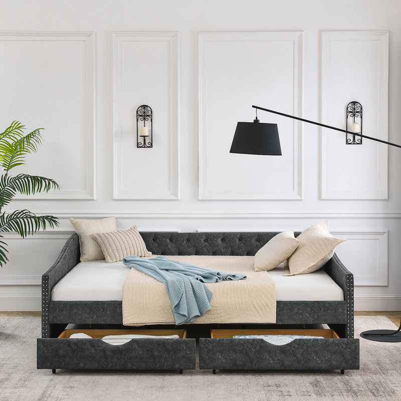 Queen Size Daybed With Drawers Upholstered Tufted Sofa Bed,,With Button On Back And Copper Nail On Waved Shape Arms, Grey (84.5"X63.5"X26.5")