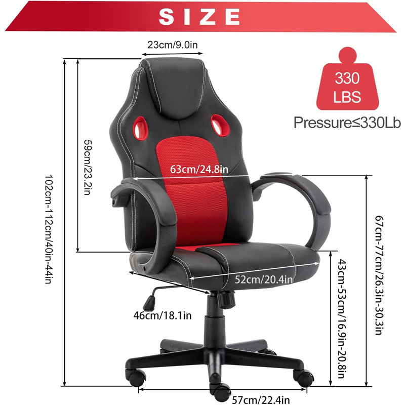Fauteuil de jeu inclinable, ergonomique et réglable pour PC, Rouge