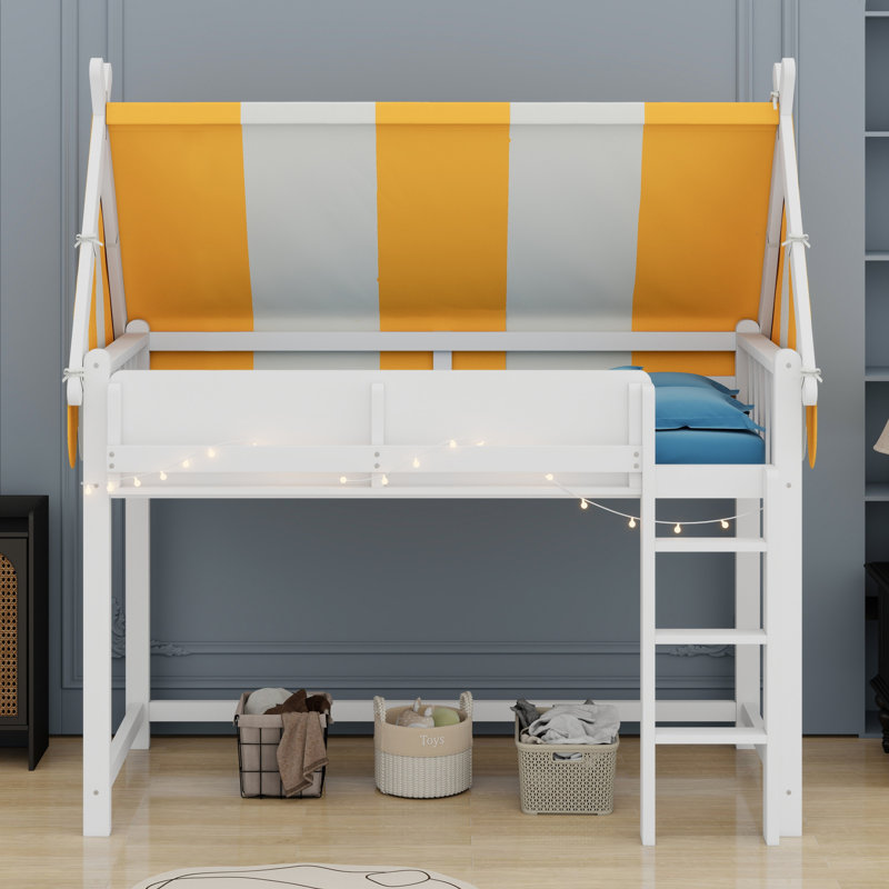 Loft Bed Featuring Canopy, LED Lights, And Book Shelf, White
