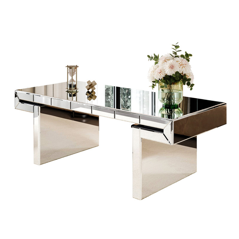 Table basse de luxe rectangulaire à miroir de 47 pouces, verre trempé cannelé, conception à dossier rabattable, vaste espace de rangement, essentiel pour le salon