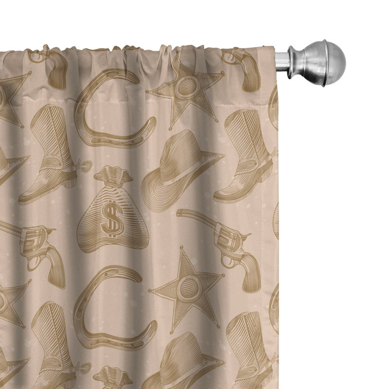Western, Engraving Style Star Boot and Money Revolver Line Pattern Worn Out Dotted Backdrop, Semi-Sheer Rod Pocket Sliding Panel