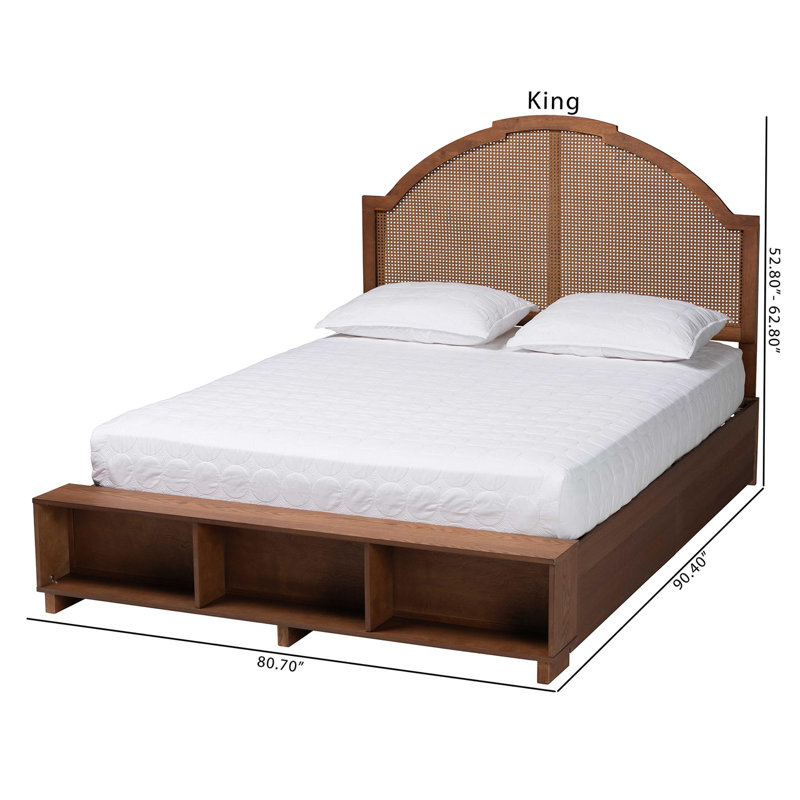 Walnut Brown Queen Bed with Rattan Headboard and Storage Drawers