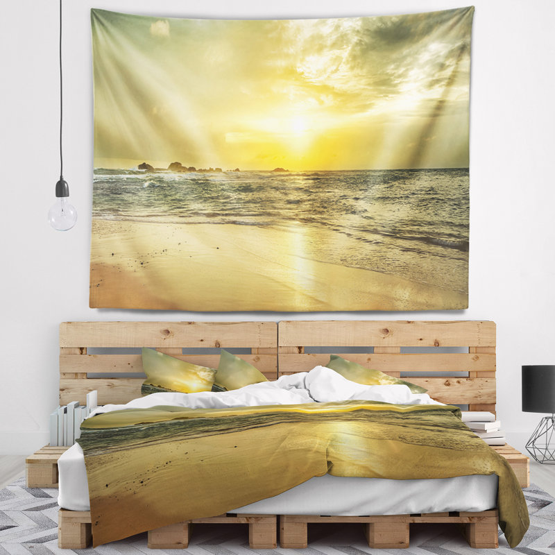 Coucher de soleil doré sur la mer tapisserie de la mer, H 50 po x l 60 po