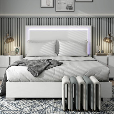 Wooden LED Queen Bed With Chrome Legs In White
