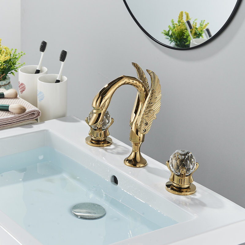 Ensemble de 3 robinets décoratifs pour lavabo de salle de bain à col de cygne en or et poignée en cristal Mosson
