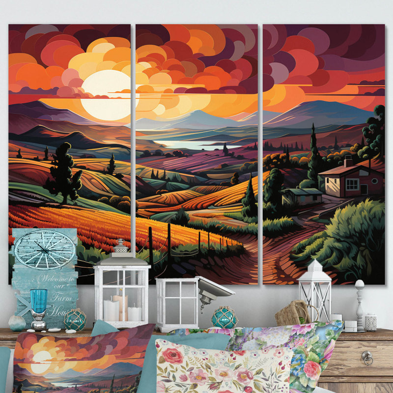 «Vineyard Sunset Rows Of Ruby Landscape III», reproduction sur toile 3 pièces, H 32 po x l 48 po x P 1 po
