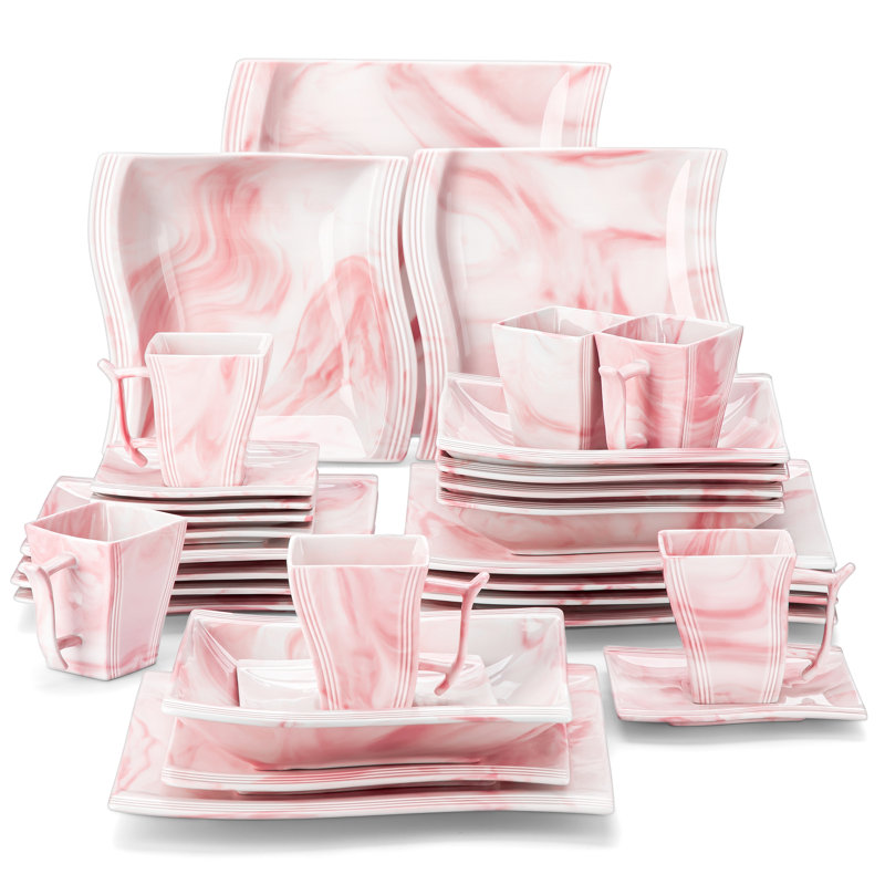 30-piece Porcelain China Dinnerware Set, Service For 6, Pink