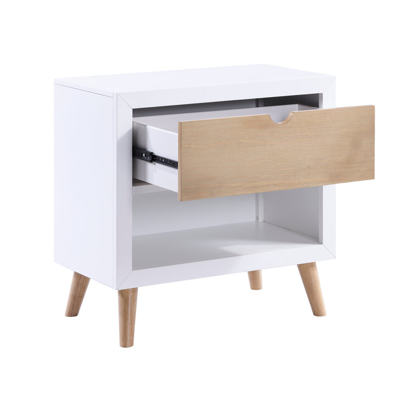 Table de chevet blanche et naturelle avec tiroir et tablette ouverte pour la chambre à coucher | Idée de cadeau