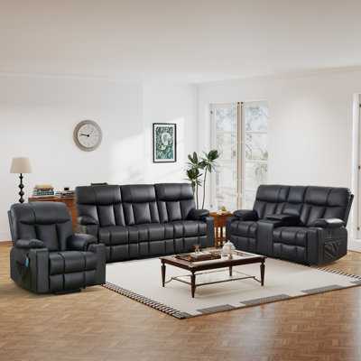 All-Inclusive Full Living Room Recliner Furniture Set, 37.8" Wide Power Lift Massage Recliner Chair, 73.62" Wide 2-Seat Power Reclining Loveseat And 83.07" Wide 3-Seat Power Reclining Sofa, Faux Leather With USB, Type-C, Wireless Charging, Cup Holders 