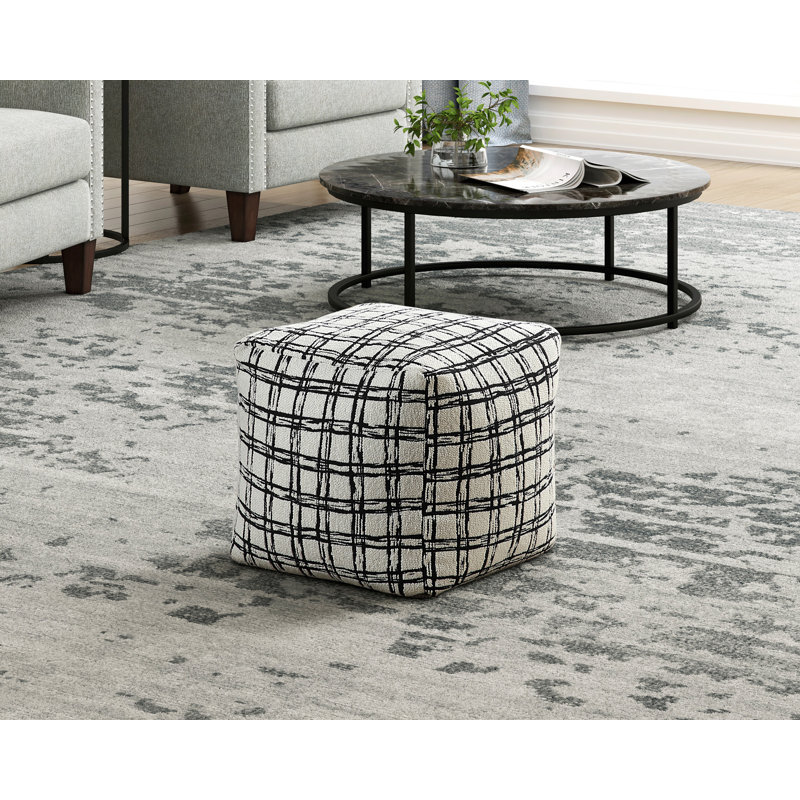 Pouf carré en tissu noir et blanc tapissé, repose-pieds antidérapant, fauteuil à billes, Tissu - Tissu écossais noir et blanc