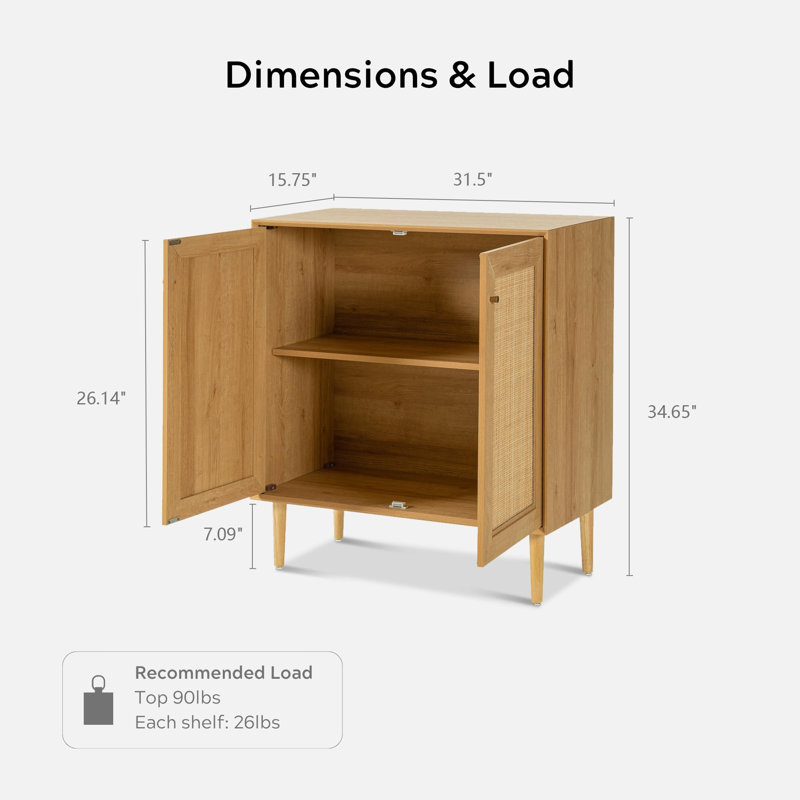 Armoire d'appoint 34,65 po en rotin 2 portes avec pieds en bois massif et tablettes réglables, 1, Chêne