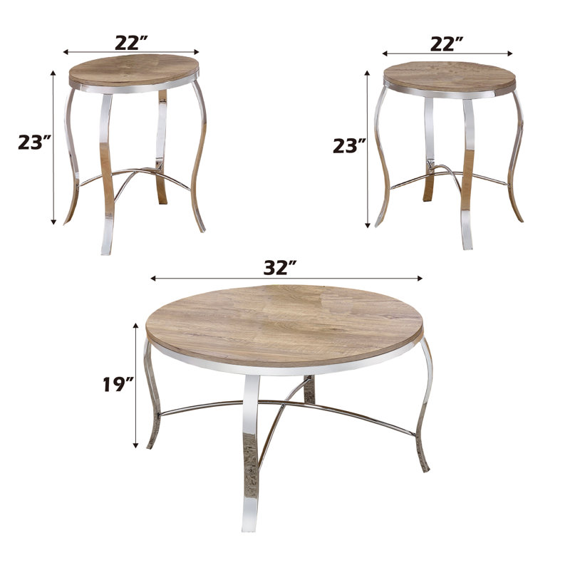 Bohden 3-Piece Coffee Table Set in Weathered Oak and Chrome, Light Oak