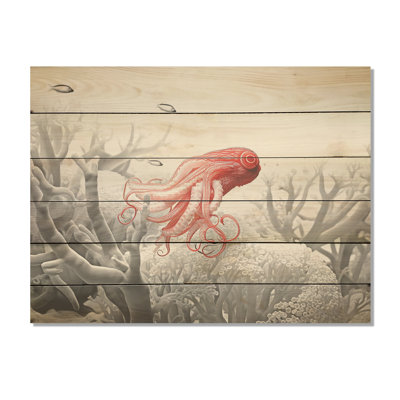 Monochrome Coral And Grey Octopus Paddle - Octopus Wood Wall Art On Natural Pine Wood