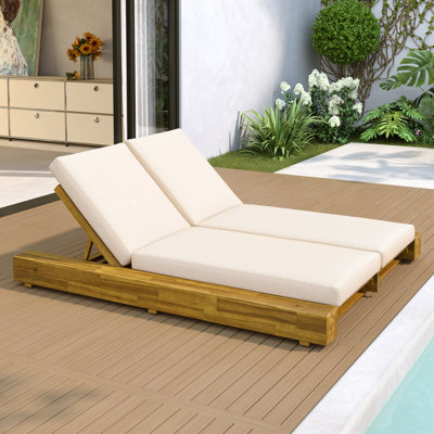 Atua Outdoor Acacia Wood Double Chaise Lounge With Water-Repellent Cushions And Adjustable Back