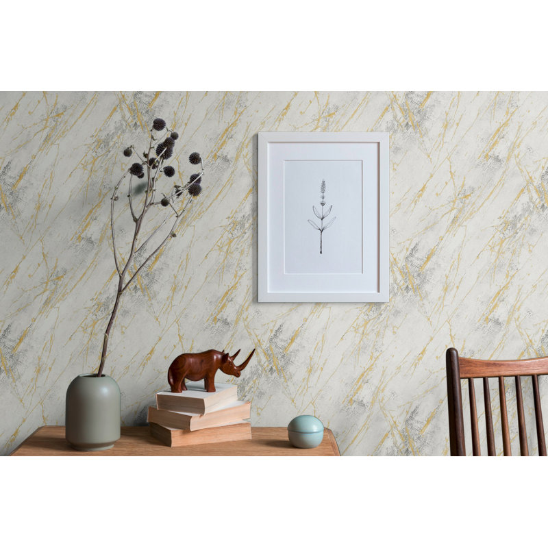Bricks and More Collection Metallic Marble Motif Wallpaper Roll, White/Gold/Silver